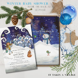 Icy Blue "Det krävs en by" Vinter Baby Shower Inbjudningar