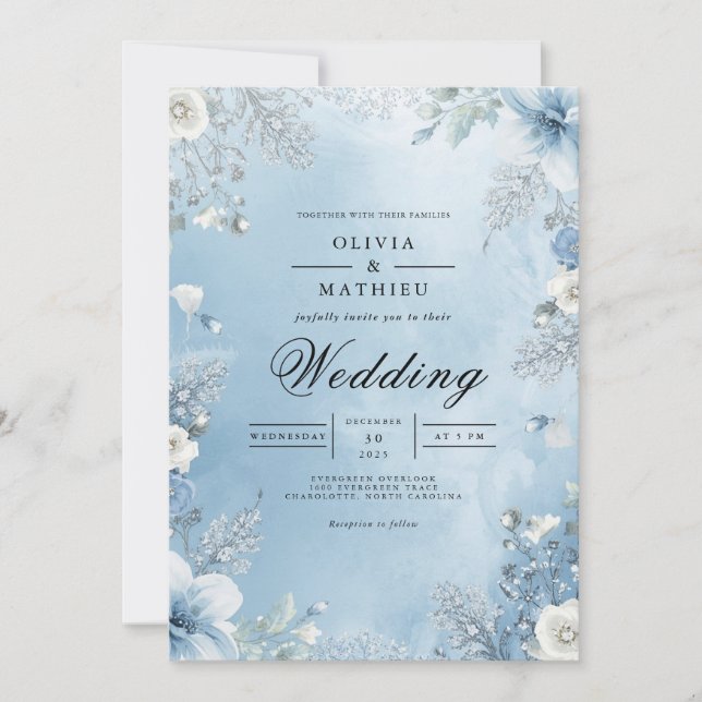 Icy Blue Floral Frame Wedding Inbjudningar (Framsida)