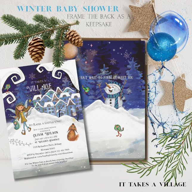 Icy Blue "It Takes a Village" Winter Baby Shower  Inbjudningar (Icy Blue "It Takes a Village" Winter Baby Shower Invitation)