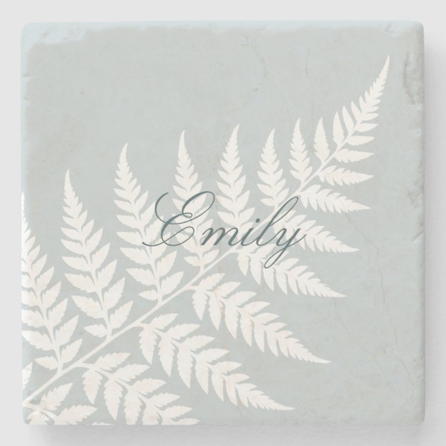Icy Blue White Fern Elegant Script Namn Stenunderlägg (Framsidan)