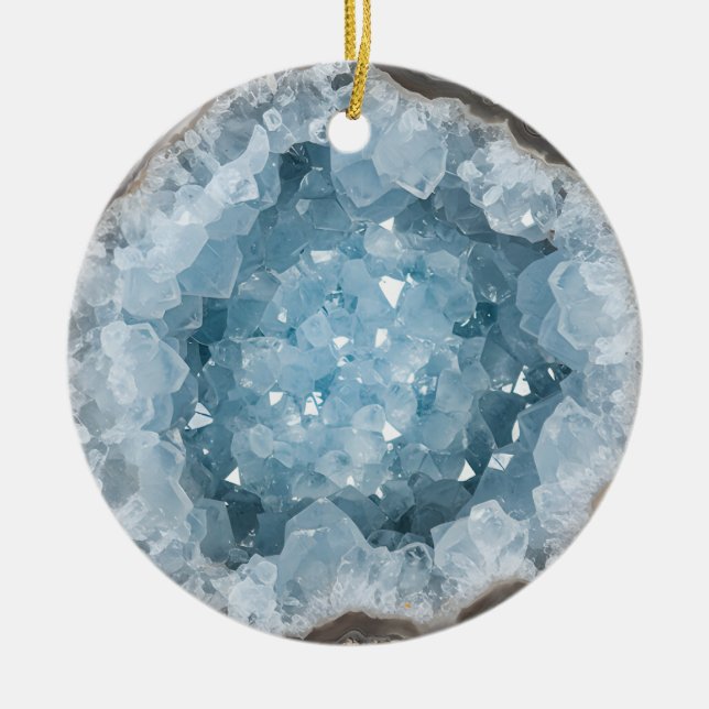 Icy Pale Blue Celestite Crystal Geode Printed  Julgransprydnad Keramik (Framsidan)