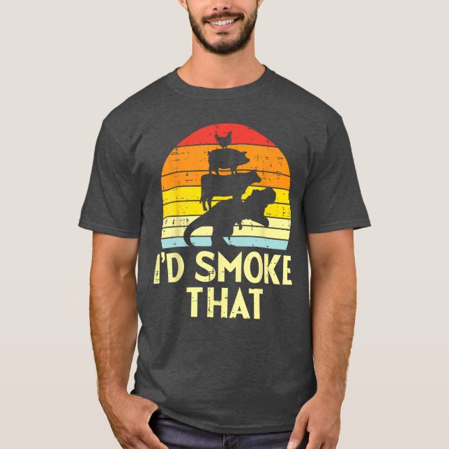 Id Smokehat Chicken Pork Beefre Retro Dinosaur Bbq T Shirt (Framsida)