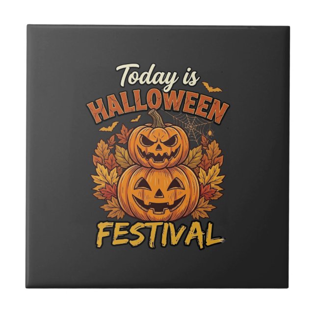 Idag Är Halloween Festival Trappade Pumpor Spindel Kakelplatta (Framsidan)