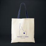 Idaho Bröllop Welcome Bag Tote, marinblå Karta Tygkasse<br><div class="desc">Bröllop välkomna presentsäck med karta-grafik. Dina gäster kommer att ta sig in på sitt hotell och hitta den här tote fylld med behandlingar som väntar på dem. Du kan placera hjärtat på platsen för din stora dag med hjälp av funktionen "anpassa ytterligare".</div>