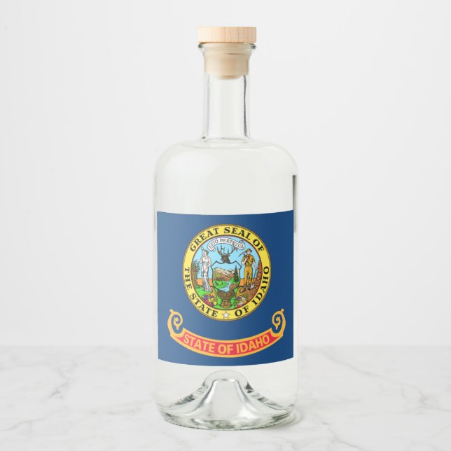 Idaho Flagga: ädelstensstaten, Amerika Mountain We Spritflaskor Etikett (Framsida)