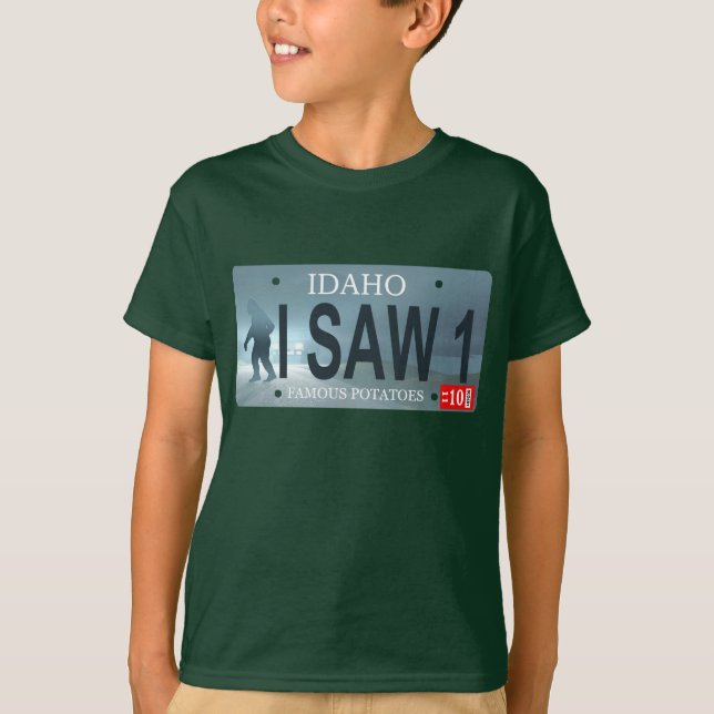 Idaho "I Saw 1" Sasquatch License Plate T-shirt (Framsida)