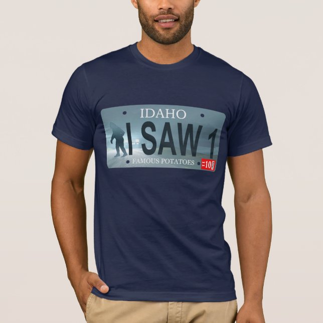 Idaho "I Saw 1" Sasquatch License Plate T Shirt (Framsida)