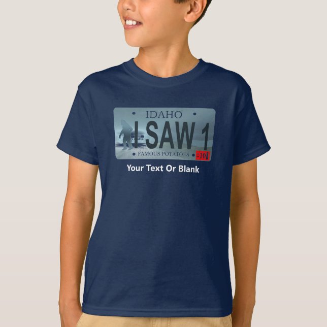 Idaho "I Saw 1" Sasquatch License Plate T Shirt (Framsida)
