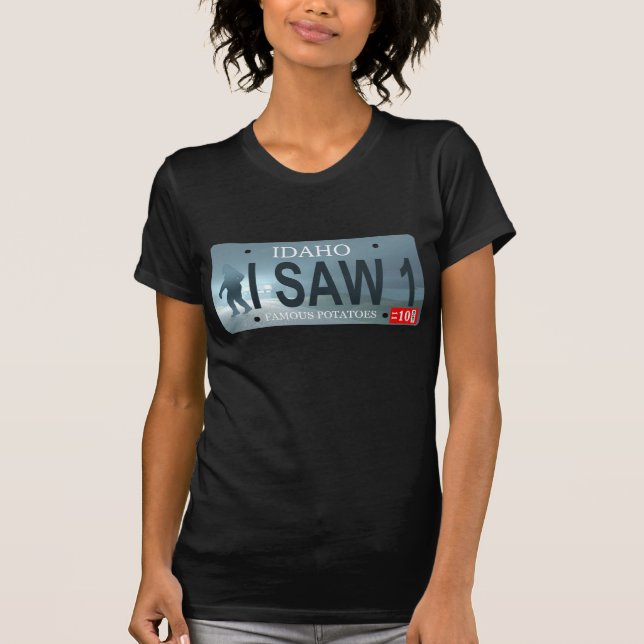 Idaho "I Saw 1" Sasquatch License Plate T-shirt (Framsida)