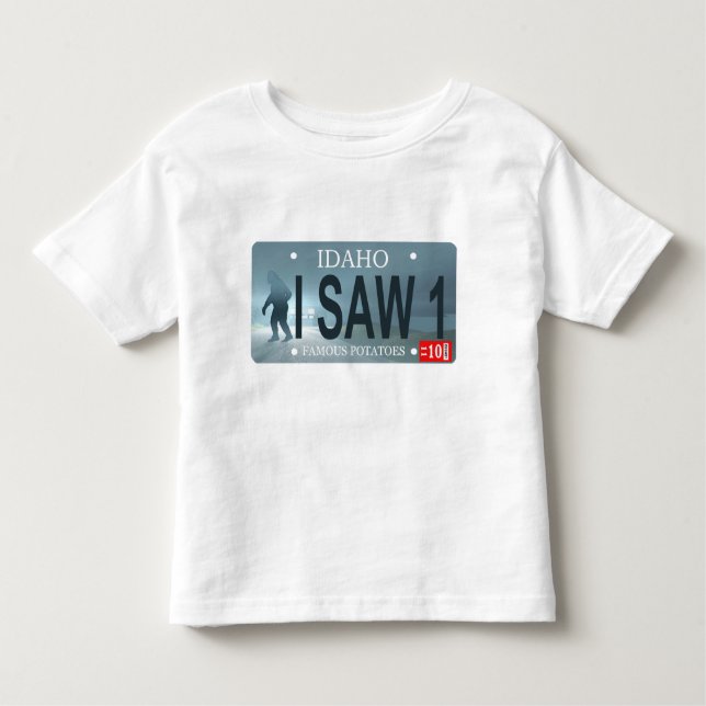 Idaho "I Saw 1" Sasquatch License Plate Tee Shirt (Framsida)