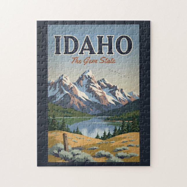 Idaho Sawtooth Range Illustration Resa Konst Retro Pussel (Vertikal)