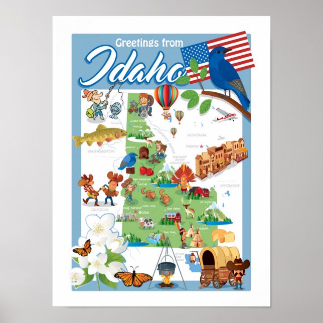 Idaho Tecknad Karta Poster (Framsidan)