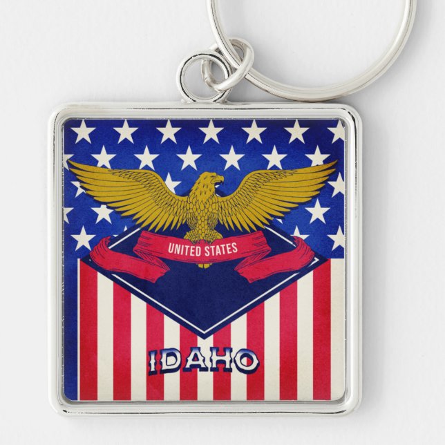 Idaho USA flagga Fyrkantig Silverfärgad Nyckelring (Framsidan)
