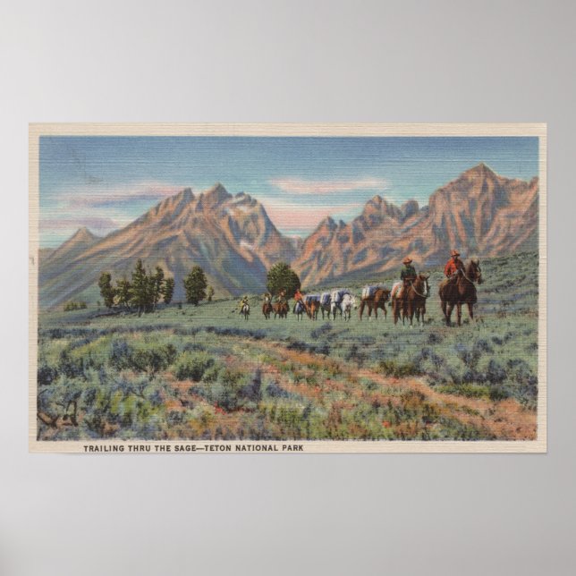 Idaho - View of Manar on Horseback on Teton Mts. Poster (Framsidan)