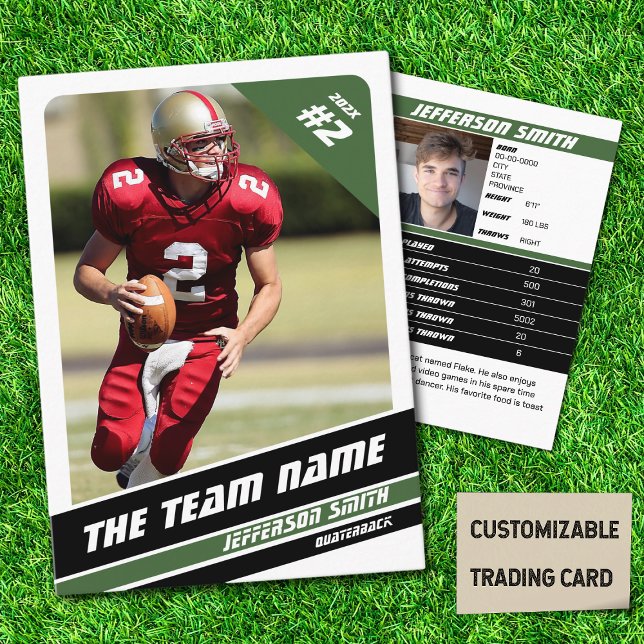 Idea-Grönten för fotbollslag Trafikkort (American Football Player Trading Card in White with Custom Team and Player Name with Green Stripes
)