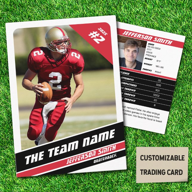 Idea Red-idrottsgåvor för fotbollslag (American Football Player Trading Card in White with Custom Team and Player Name with Red Stripes
)