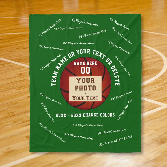 Idéer till presenter för Senior Night Basket, Foto Fleecefilt (Ideas for senior night basketball. Basketball Blanket. Senior basketball gifts. Green and White.)