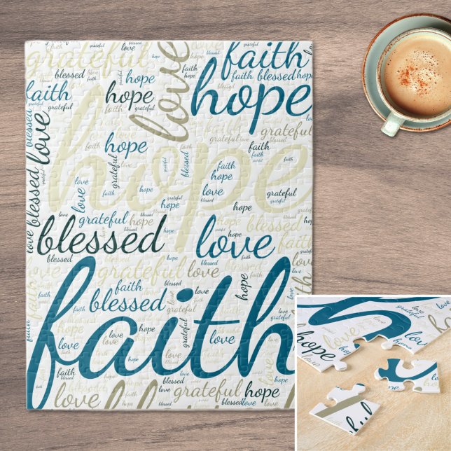 Idéhoppet och trosbekännelsen i blåsor, tonåringar pussel (Inspirational Hope and Faith Text Blue and Tan Jigsaw Puzzle)
