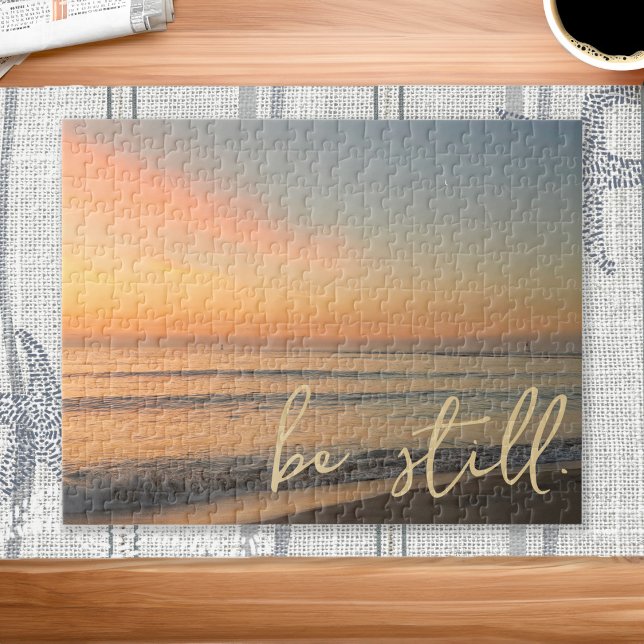 Idéisk citat är fortfarande soluppgång pussel (Inspirational Quote Be Still Sunrise Beach Jigsaw Puzzle)