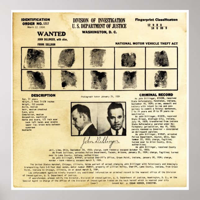 Identifieringsorder 1217 John Dillinger Poster (Framsidan)
