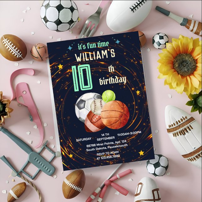 Idrott, blåa barn Sports 10:e födelsedagen Inbjudningar (Skapare uppladdad)