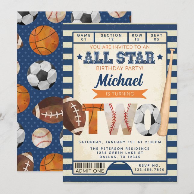 Idrotten Biljett 2:a födelsedagen Party Inbjudningar (Fram/baksida)