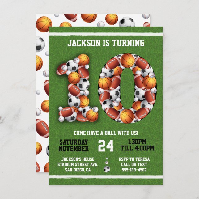 Idrotten Théed Bollar 10:e Födelsedagsfest inbjuda Inbjudningar (Fram/baksida)