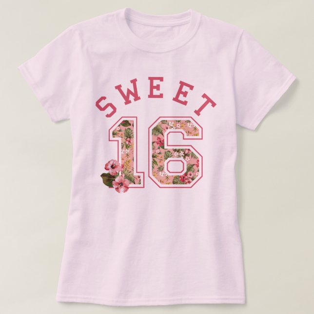 Idrotts- rosa blommigt söta 16 t-shirt (Design framsida)