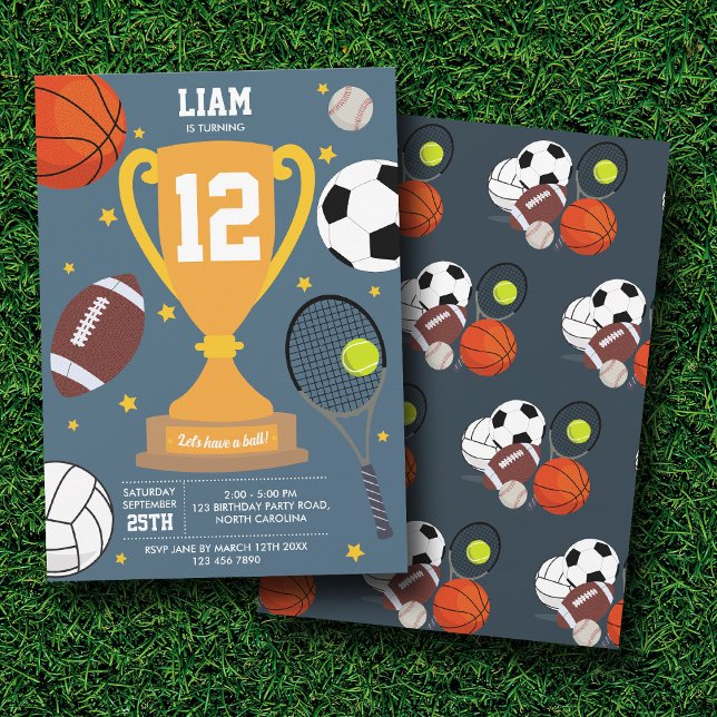 Idrottsblå Födelsedagsfest i Bollar Kids Blue Inbjudningar (Sports Athletic Balls Kids Blue Birthday Party Invitation)