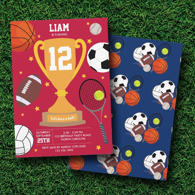 Idrottsblå Födelsedagsfest i friskt Bollar Inbjudningar (Sports Athletic Balls Kids Red Blue Birthday Party Invitation)