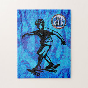 Idrottskateboarding Boy Blue Flames Bara Chillin Pussel