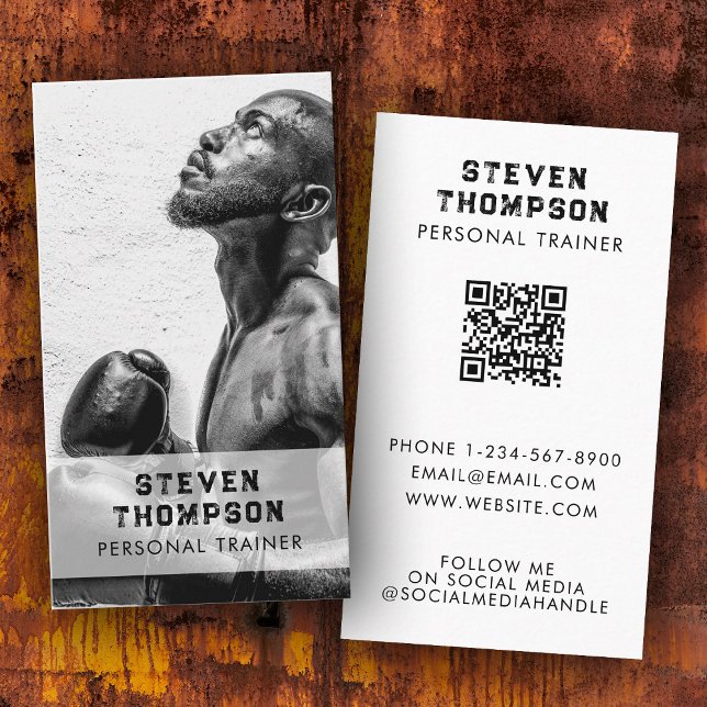 Idrottsman för personlig träningträning Foto QR-ko Visitkort (Personal Trainer Fitness Athlete Photo QR Code Business Card)
