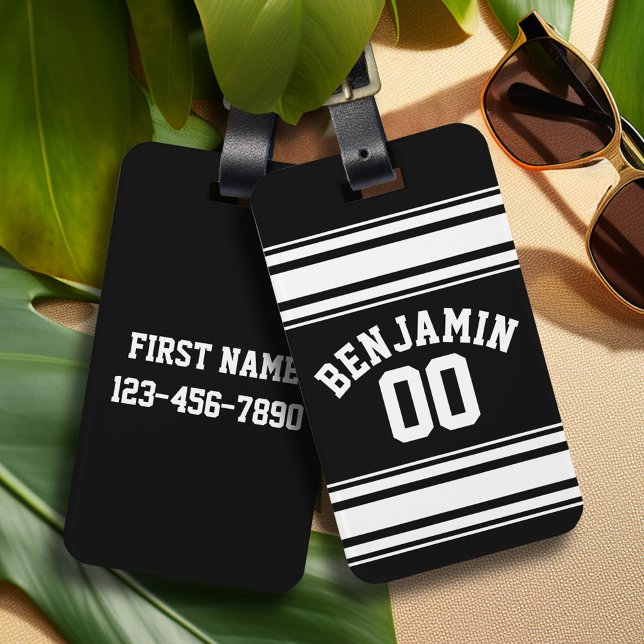 Idrottsnummer Jersey Black and White Rand Namn Bagagebricka (Personalized Sports Luggage Tag - Football Jersey Theme)
