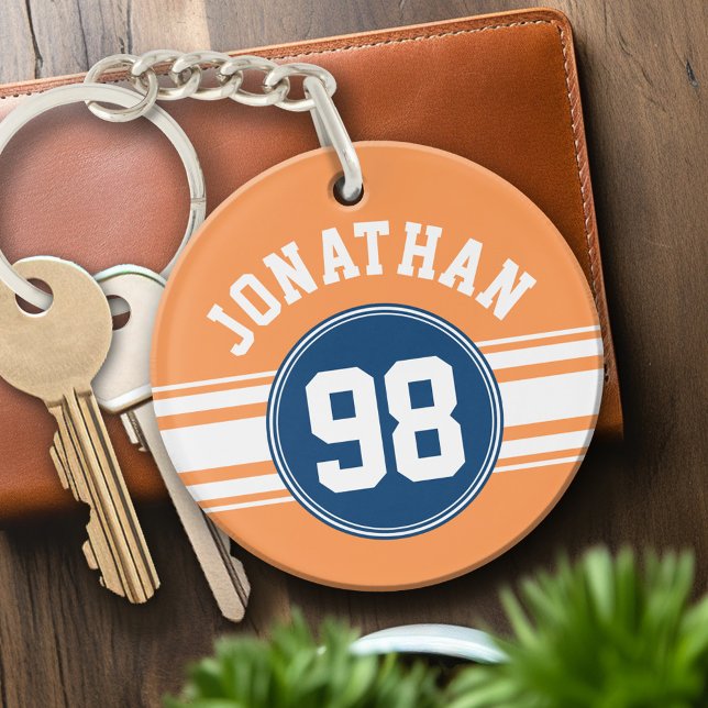 Idrottsnummer Jersey Blue och Orange Rand Namn (Personalized Keychain - sports jersey theme)