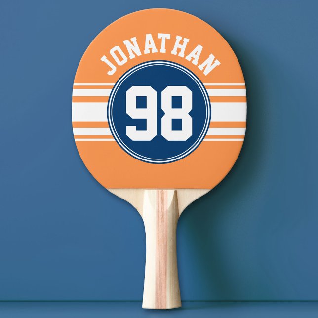 Idrottsnummer Jersey Blue och Orange Rand Namn Pingisracket (Custom Ping Pong Paddle with a Sports Theme)
