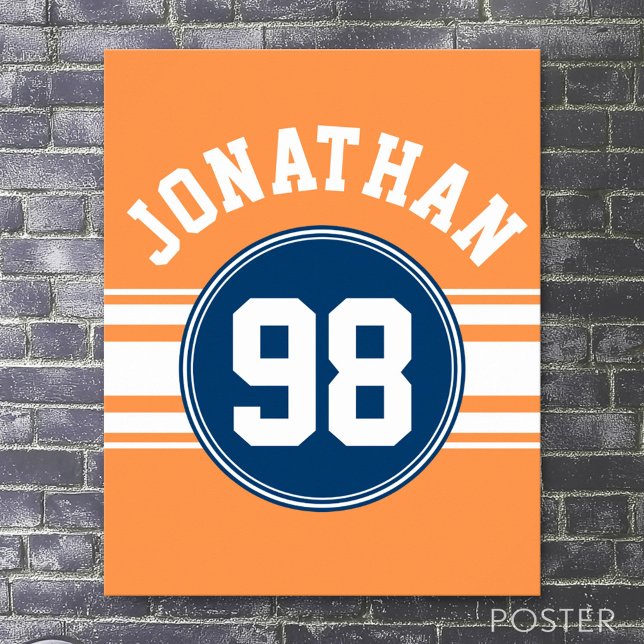 Idrottsnummer Jersey Blue och Orange Rand Namn Poster (Custom Sporty Poster)