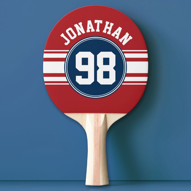 Idrottsnummer Jersey Navy Blue & Red Rand Namn Pingisracket (Custom Ping Pong Paddle - Team or College colors Sports Jersey)