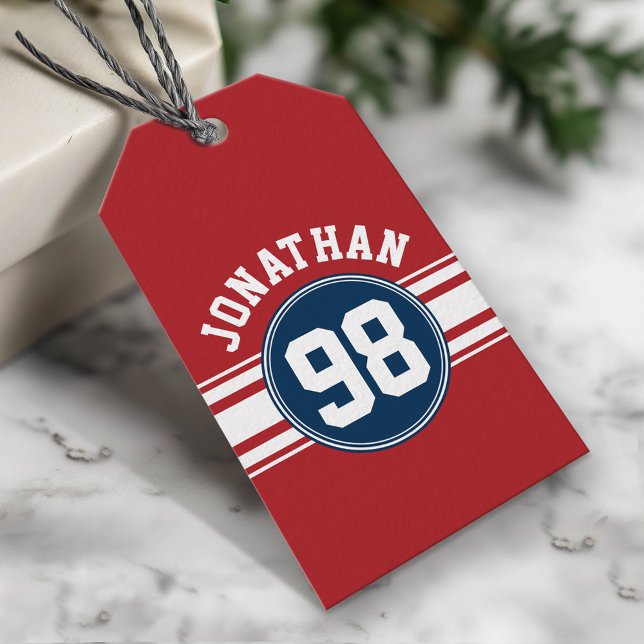 Idrottsnummer Jersey Navy Blue & Red Rand Namn Presentetikett (Custom Gift Tag)