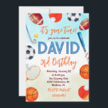 Idrottspartiet Théme Kids Birthday Inbjudningar<br><div class="desc">Sporterar inbjudan till festen Theckes Kids Birthday. Fina, färgstarka sporter: inbjudningar till födelsedagspartiet, med en dekorerad rainbobanderoll och en uppsättning sportutrustning (fotboll, volleyboll, basket, hockeypuck, rugbyboll, tennis, snookerboll, golfboll och till och med en pingboll!). Den moderna mallen är lätt att anpassa. Fler design och party finns i min butik NiceStudioCreative....</div>