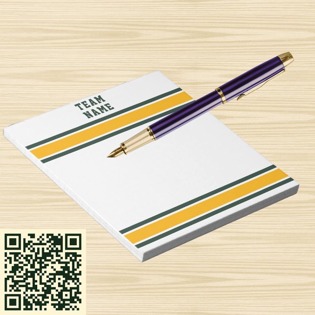 Idrottsteamet Namn Grönt & Guld med White Rand Anteckningsblock (Sports Team Name Green & Gold with White Stripes Notepad)
