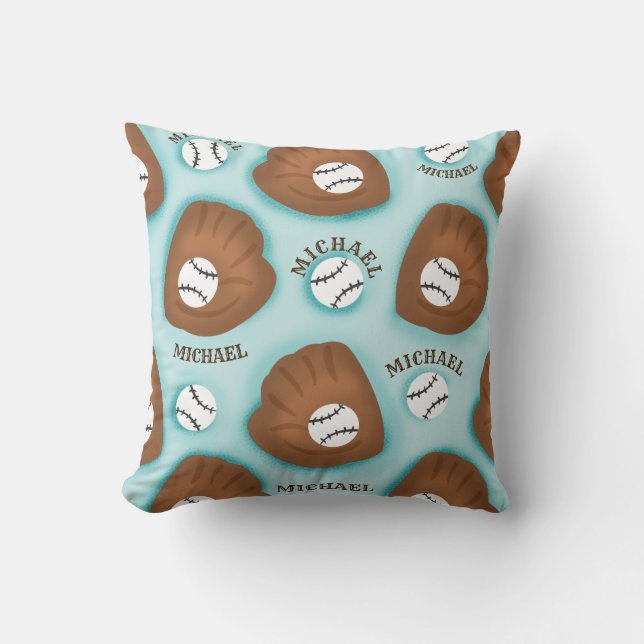 Idrottstema Baseball Glove Boll & Boy Namn Mönster Kudde (Framsida)
