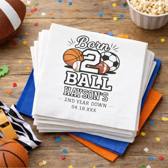 Idrottstema pojke 2-års födelsedagsfest Born 2 Bal Pappersservett (Born 2 Ball Sports Themed Boy 2nd Birthday Party Napkins
)