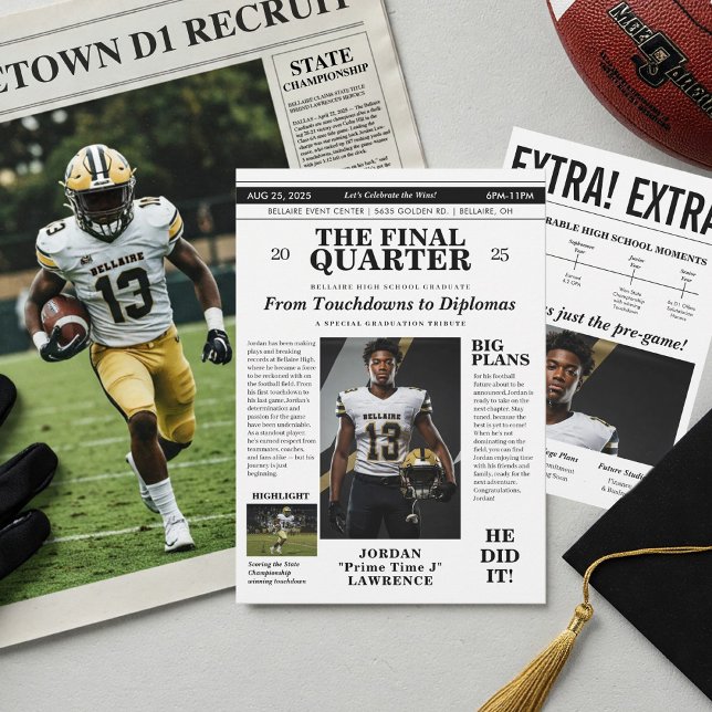Idrottsutexamineringsinbjudan Sport Tidning Inbjudningar (Football Athlete Graduation Invitation | Athlete Graduate )