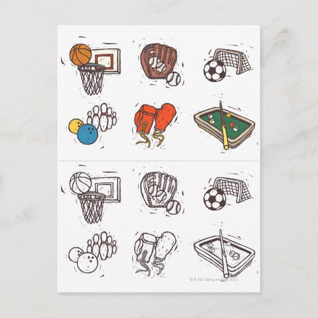 Idrottsutrustning som visas mot vitt vykort (Framsida)