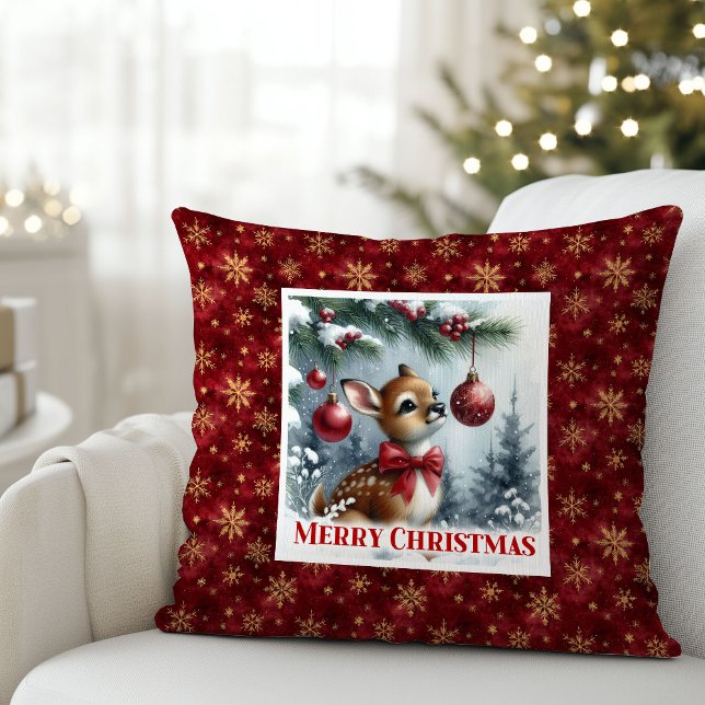 Idyllic baby deer winter snowy forest Christmas  Kudde (Idyllic baby deer winter snowy forest Christmas pillow)