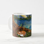 Idyllic Riverside Wildlife Illustration Children's Kaffemugg<br><div class="desc">En pikturesk kvällscen med räv som sover före en flod med origami-båt. Man kan se fisk precis under yta i vatten och björnar vid horisonten. Ett annat mugg visar överdelen av den ursprungliga illustrationen med uggla i träd. Illustration by becky nimoy 2018</div>