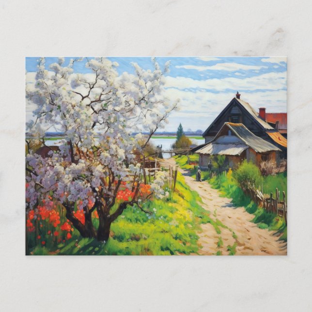 Idyllic Vår Farmstead Cherry-Blommar på Sandy Helg Vykort (Framsida)