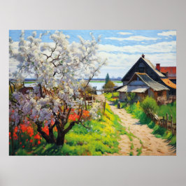 Idyllic Vår Farmstead Cherry-Blommar på Sandy Poster