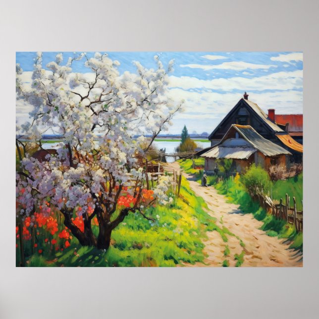 Idyllic Vår Farmstead Cherry-Blommar på Sandy Poster (Framsidan)