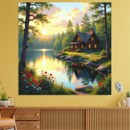 Idyllisches Haus am See im Wald  Canvastryck